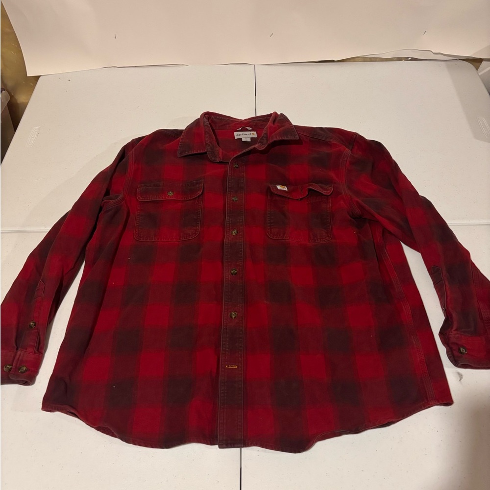 Carhartt Red Black Plaid Flannel Button Long Sleeve Work Shirt Men’s Size XL
